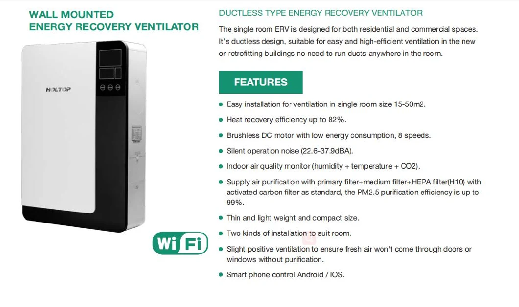 Holtop Ductless Wall Mount Erv Heat Recuperator WiFi Function CO2 Monitoring